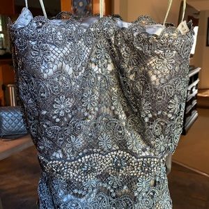 Teri Jon Strapless Lace Dress in Silver and Gray